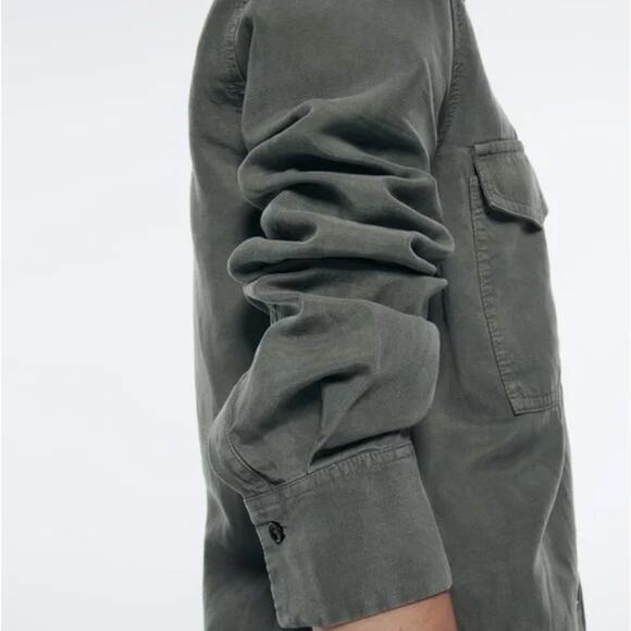 Zara Linen Blend Pocket Shirt Gray Button Collared Long Sleeve Relaxed Size S - Picture 4 of 14